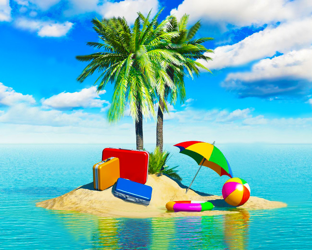 a small deserted island with a lone palm tree with luggage and a beach ball on it, demonstrating the importance of understanding luggage restrictions