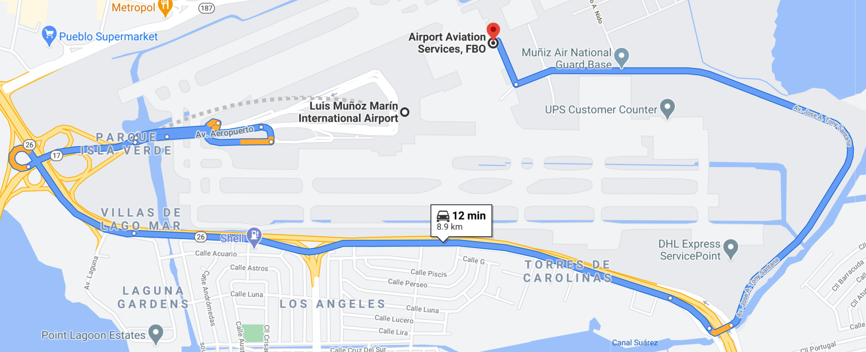Map showing the route from San Juan Airport terminal to Airport Aviation Services