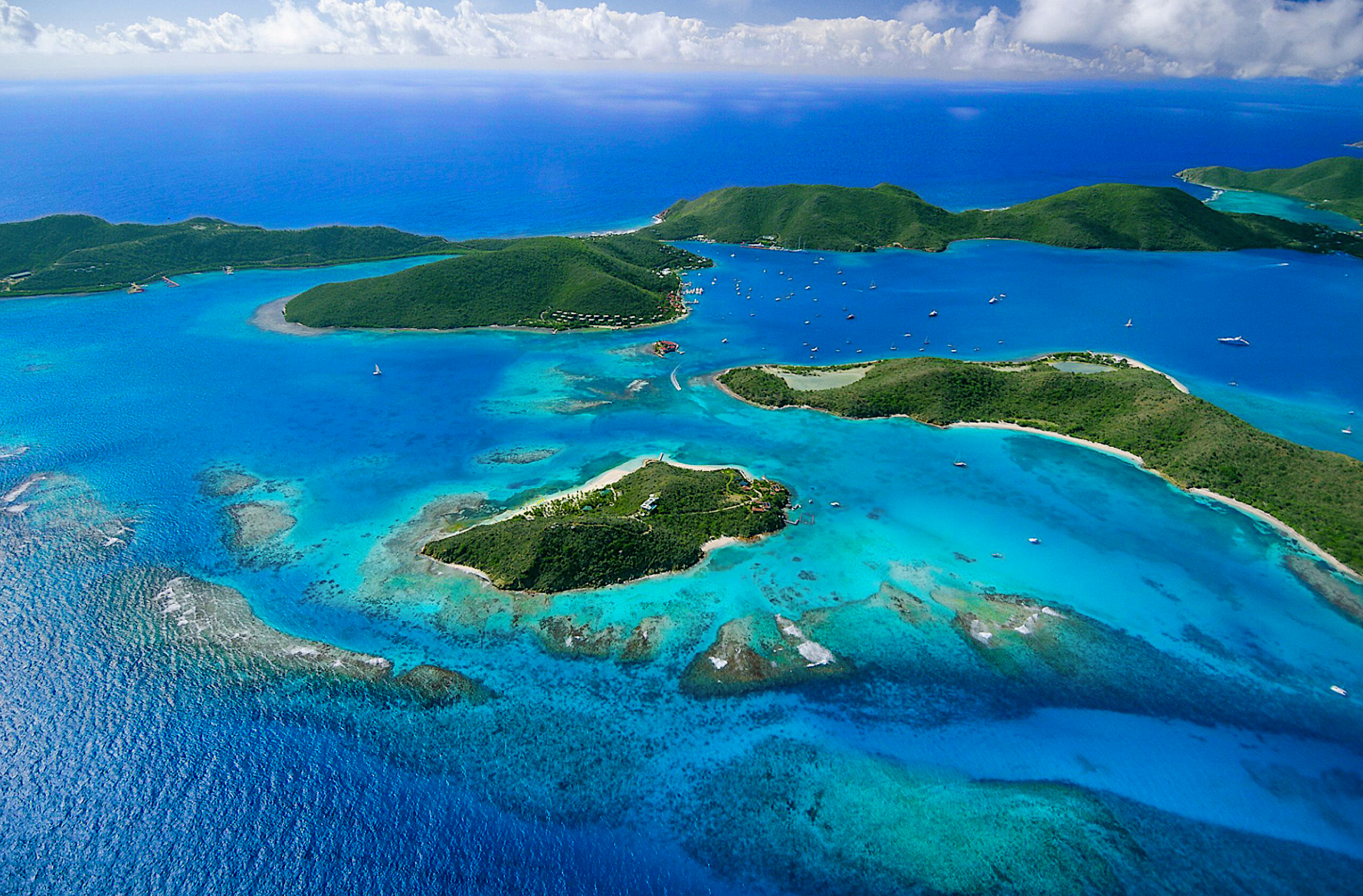 Aerial view of Eustatia Island, Prickly Pear, Saba Rock, and the North Sound in Virgin Gorda
