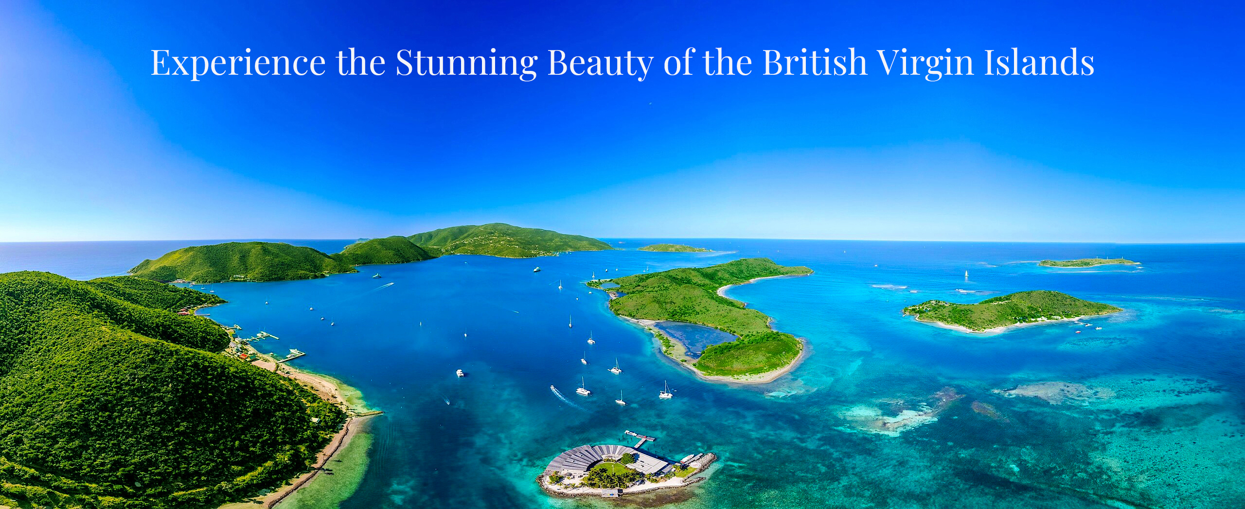 Aerial view of North Sound, Virgin Gorda with lush green islands and turquoise water in the British Virgin Islands.