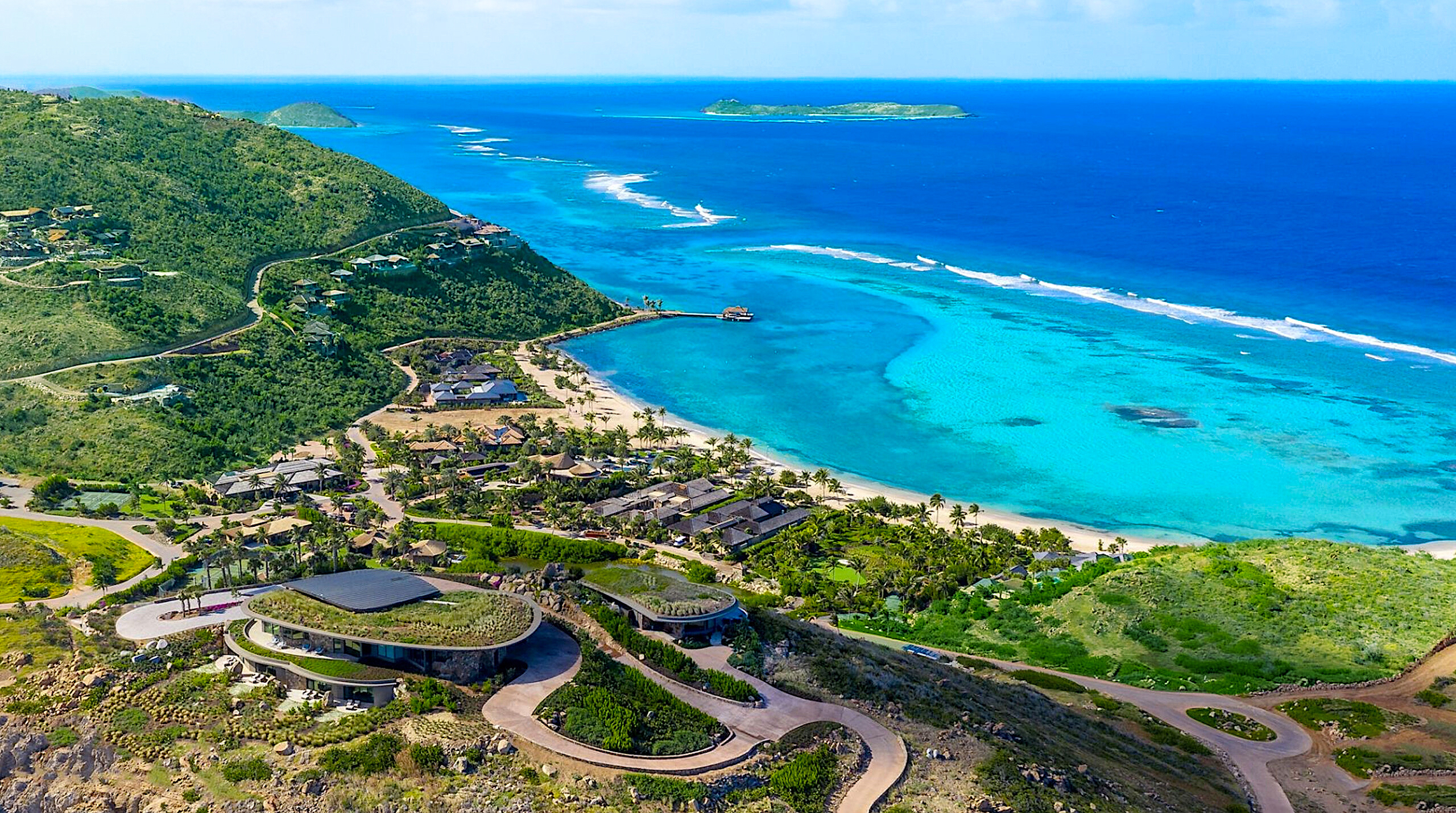 Aerial view of luxury villas and turquoise waters at Oil Nut Bay, Virgin Gorda