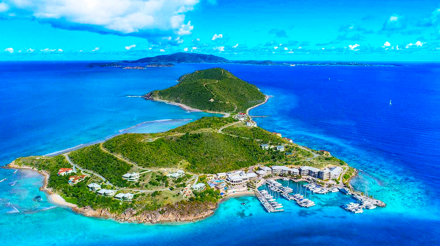 Resort and marina on Scrub Island in the British Virgin Islands viewed from the air