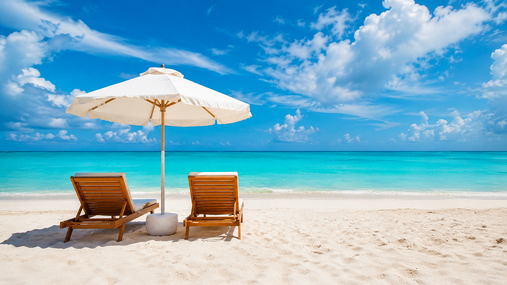 Two beach chairs on a white sand beach beside the clear turquoise waters of Anegada