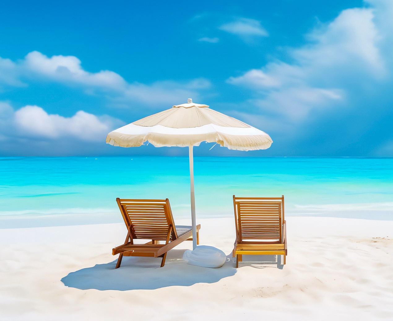 Tropical beach with two beach chairs and an umbrella in paradise