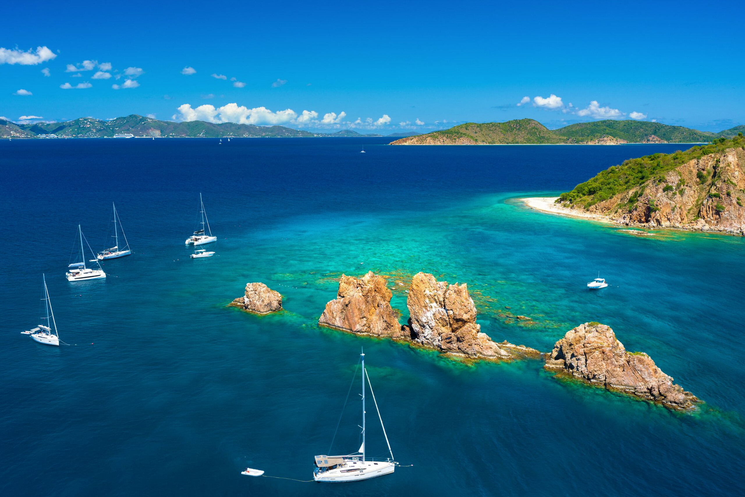 Spectacular aerial view of the Indians in the British Virgin Islands with sailboats surrounding