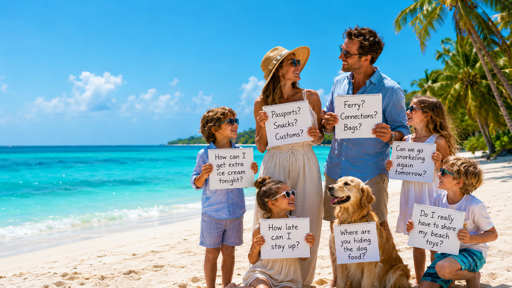Family on a Caribbean beach holding fun travel questions before their private charter vacation