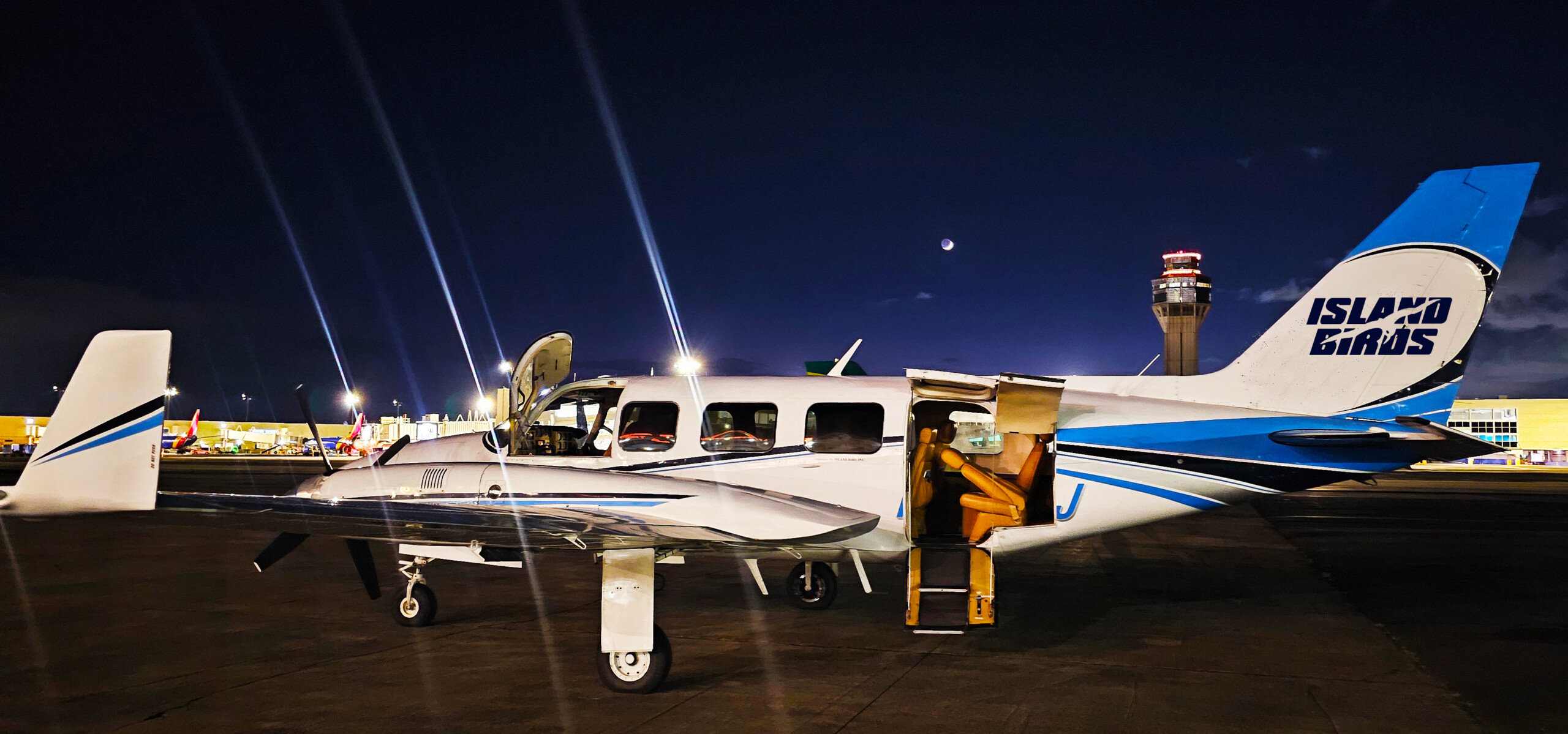 Island Birds Navajo Chieftain at Airport Aviation Services in San Juan ready for a private flight to Tortola