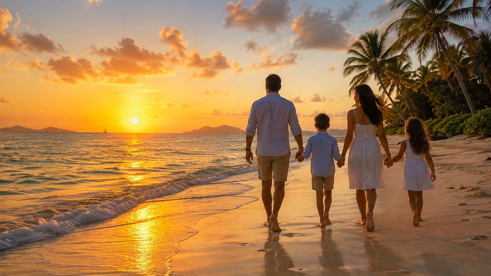Family of four walking on a Caribbean beach at sunset