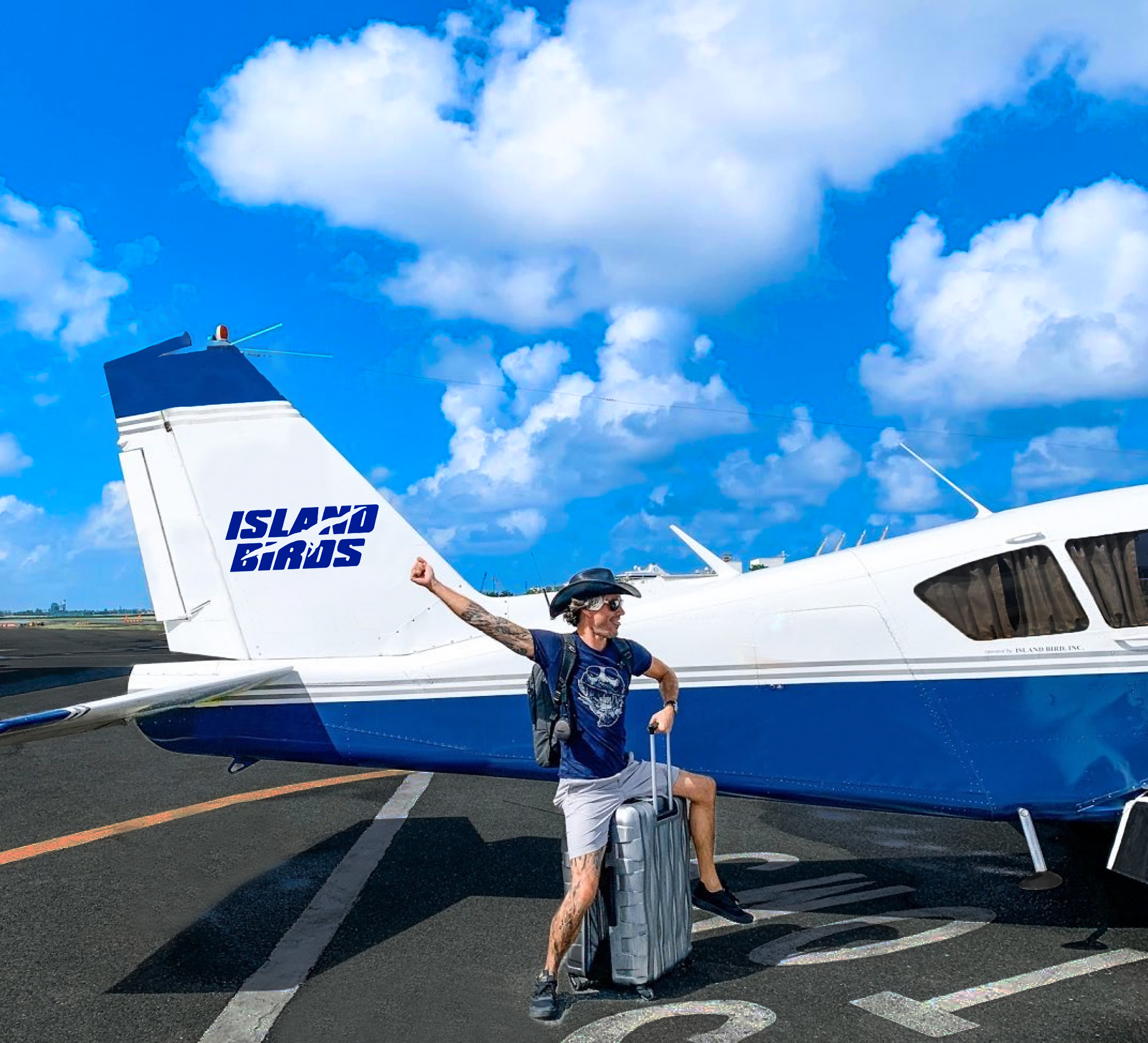 Happy Island Birds passenger beside a private charter aircraft with luggage